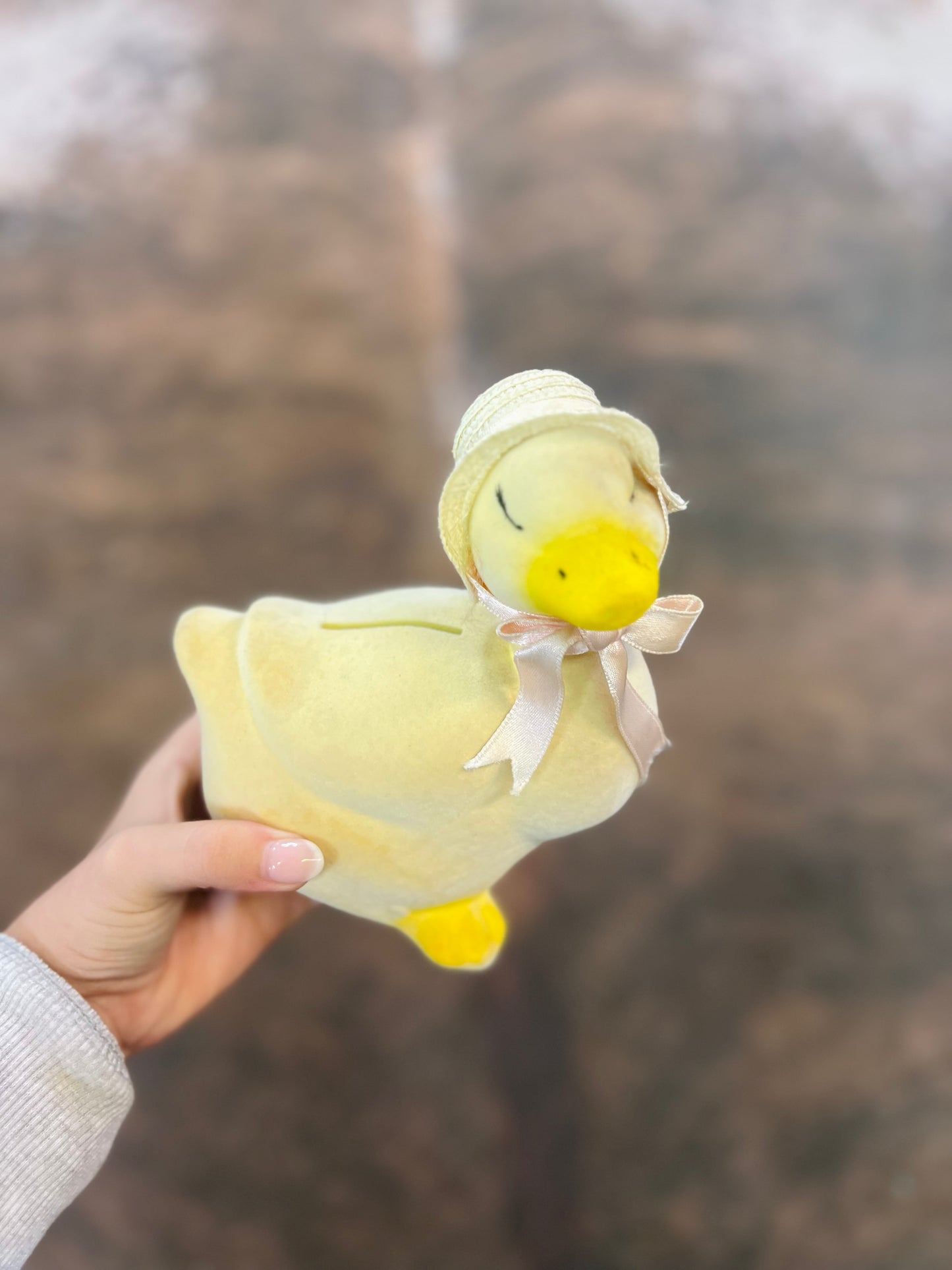 Vintage Yellow Flocked Ceramic Duck Coin Bank with Hat & Bow