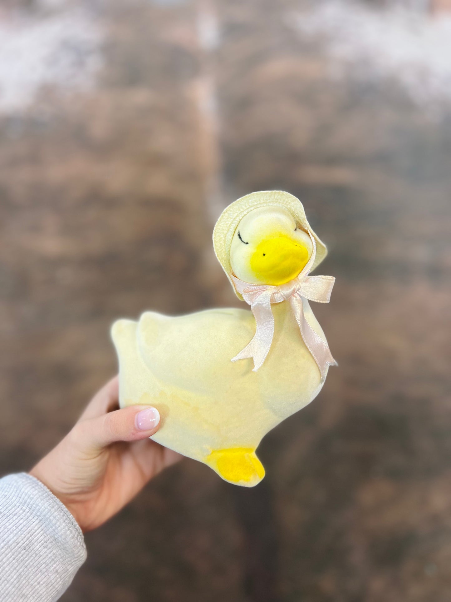 Vintage Yellow Flocked Ceramic Duck Coin Bank with Hat & Bow