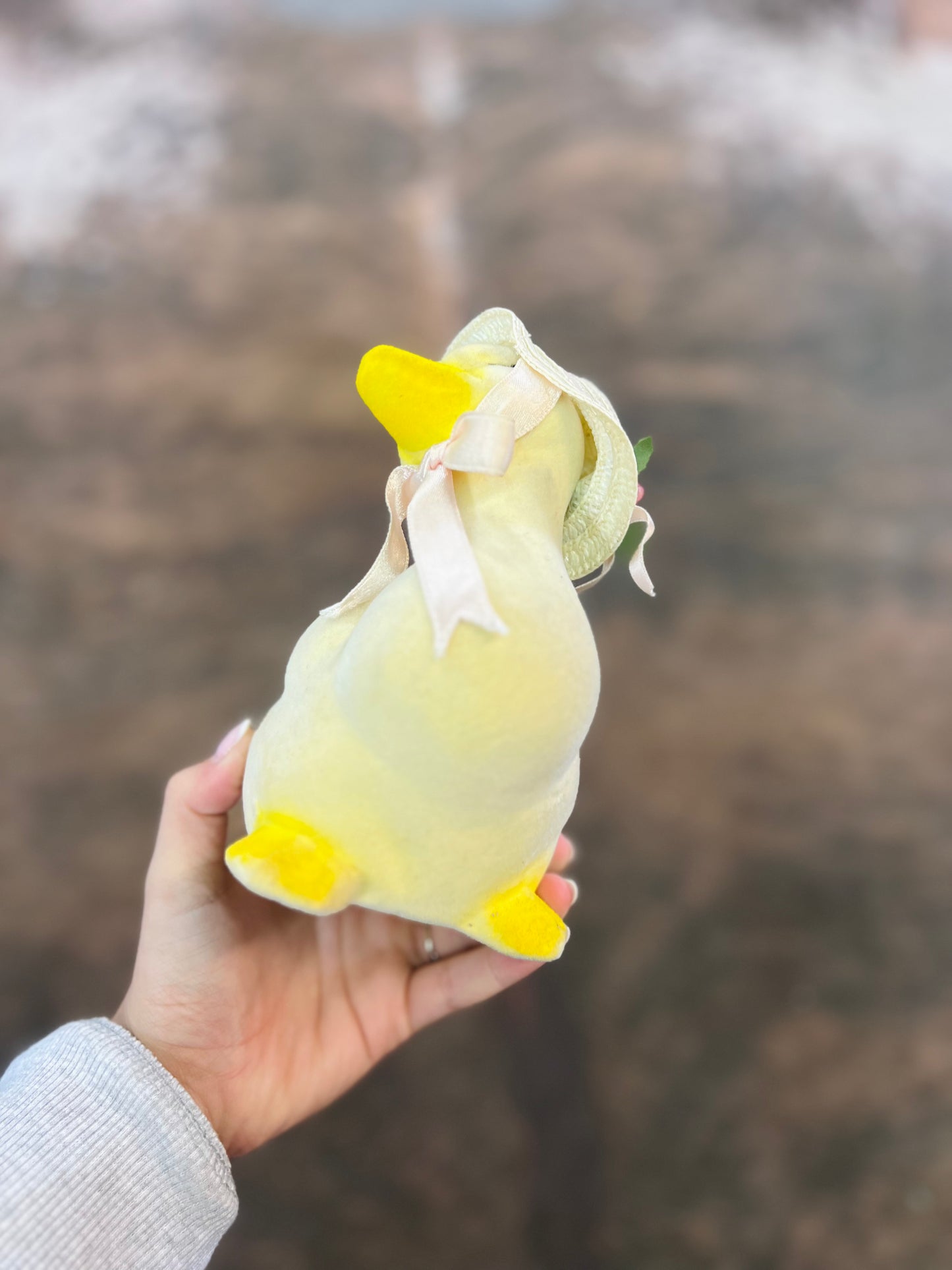 Vintage Yellow Flocked Ceramic Duck Coin Bank with Hat & Bow