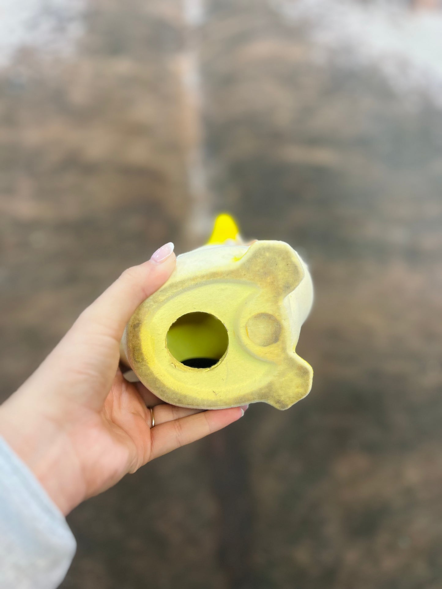 Vintage Yellow Flocked Ceramic Duck Coin Bank with Hat & Bow