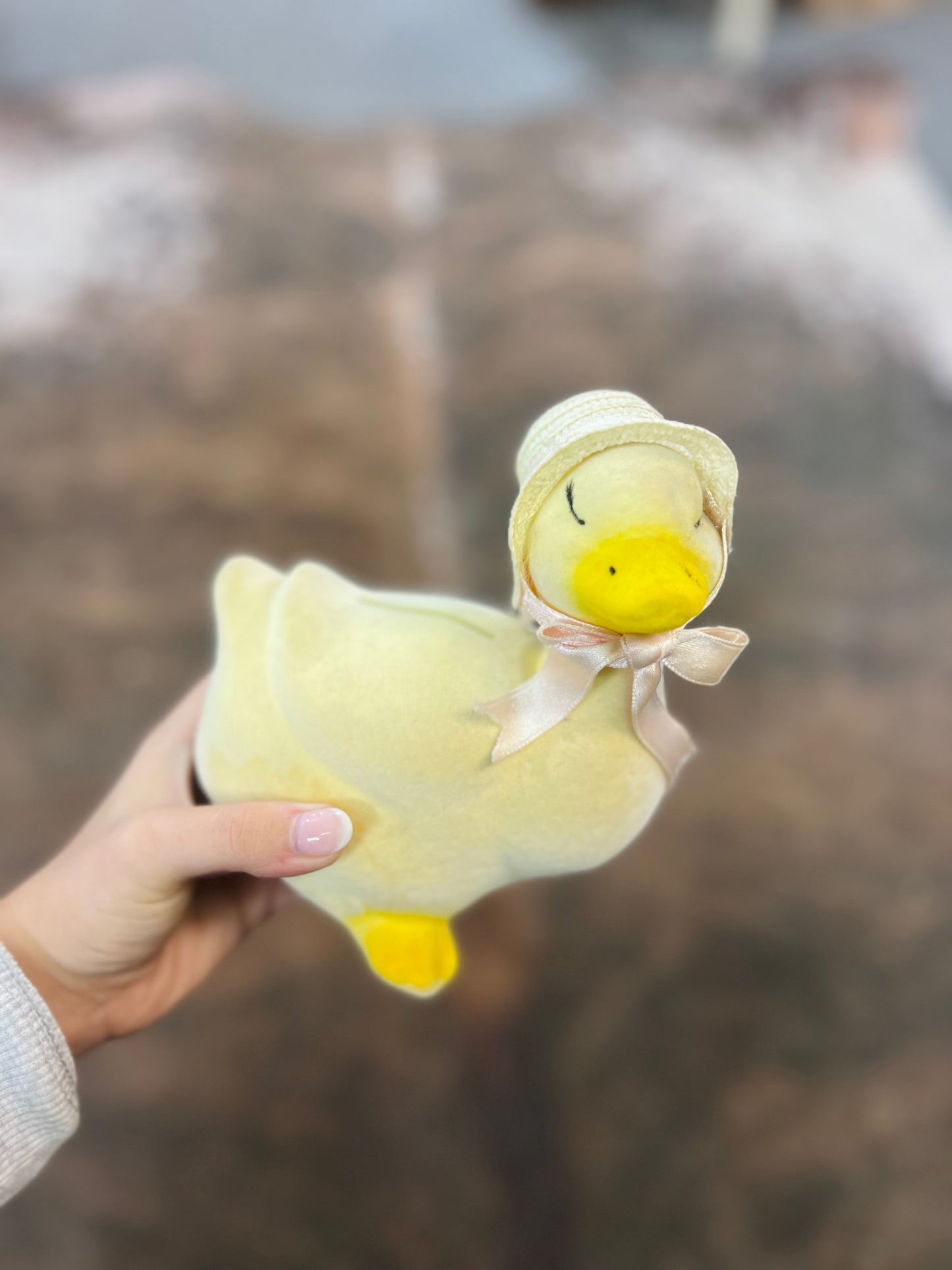 Vintage Yellow Flocked Ceramic Duck Coin Bank with Hat & Bow