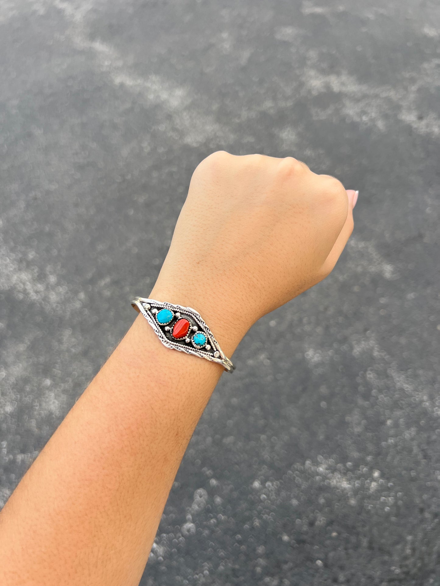 Navajo Genuine Turquoise and Coral 3 Stone Sterling Silver Cuff Bracelet