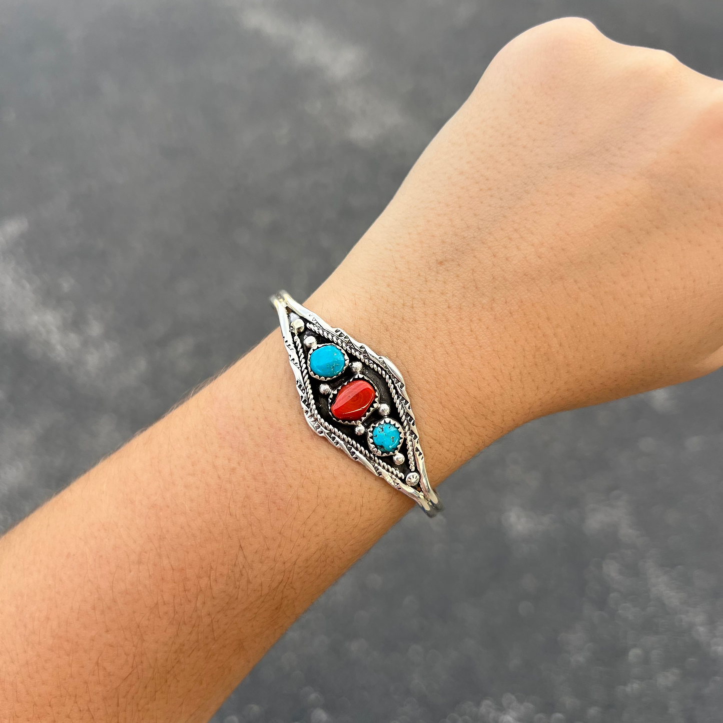 Navajo Genuine Turquoise and Coral 3 Stone Sterling Silver Cuff Bracelet