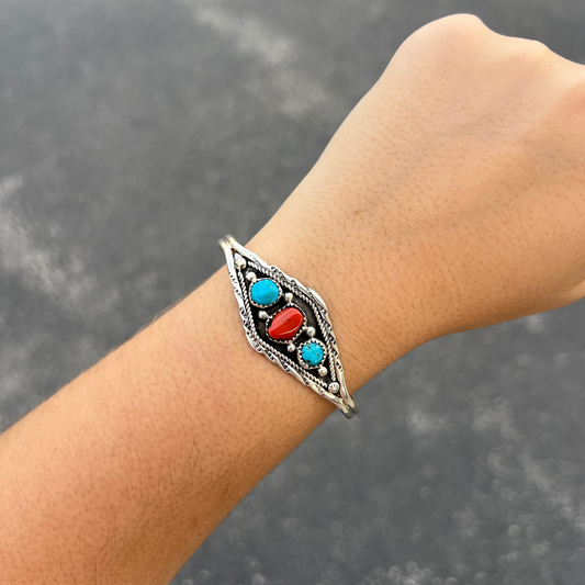 Navajo Genuine Turquoise and Coral 3 Stone Sterling Silver Cuff Bracelet