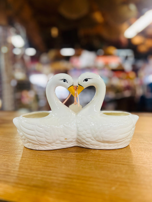 Vintage Double Kissing Swans Heart Planter
