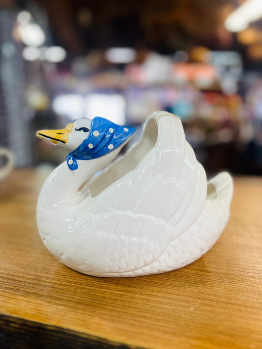 Vintage Ceramic Swan Blue Bonnet Basket Planter