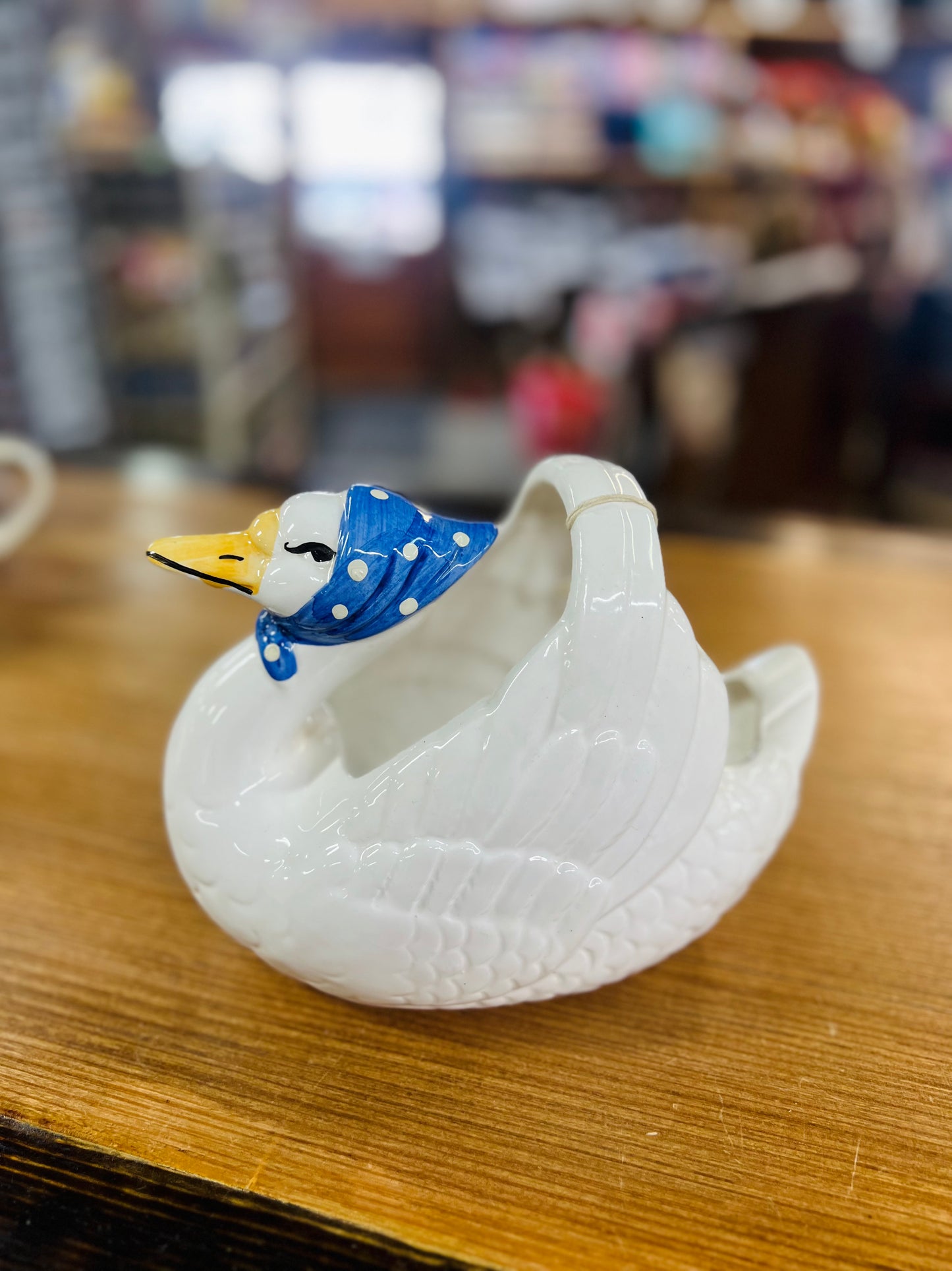 Vintage Ceramic Swan Blue Bonnet Basket Planter