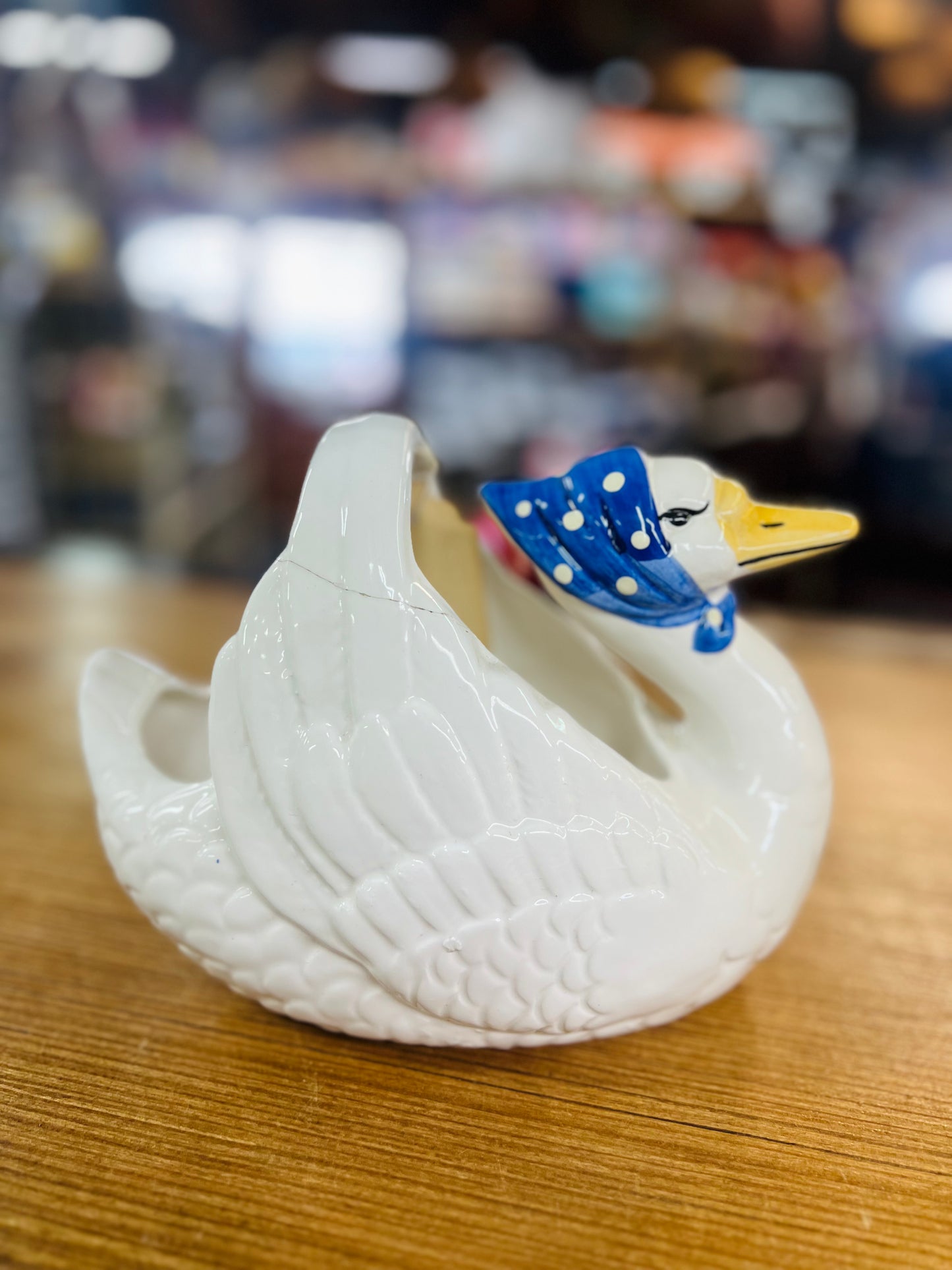 Vintage Ceramic Swan Blue Bonnet Basket Planter