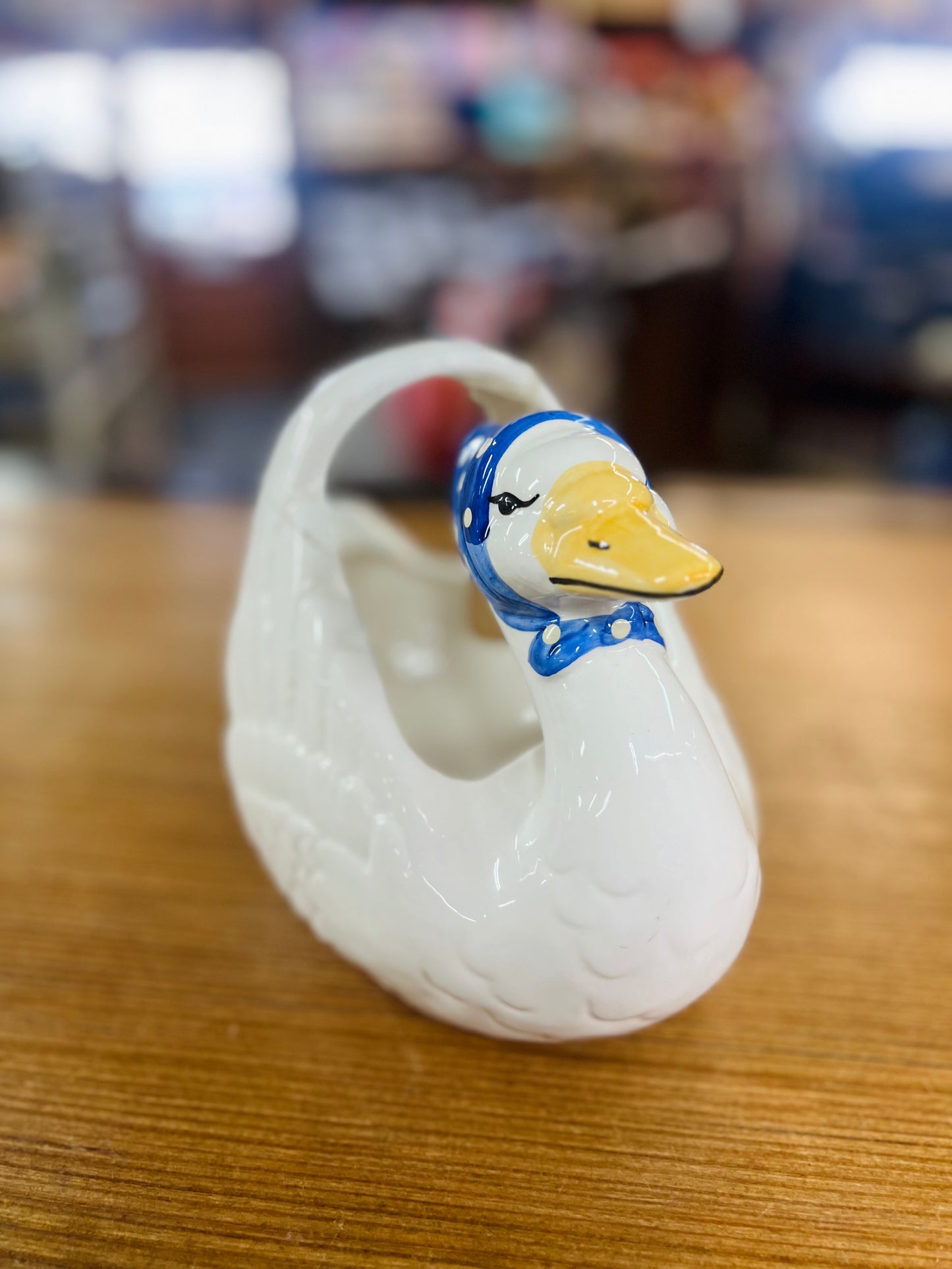 Vintage Ceramic Swan Blue Bonnet Basket Planter