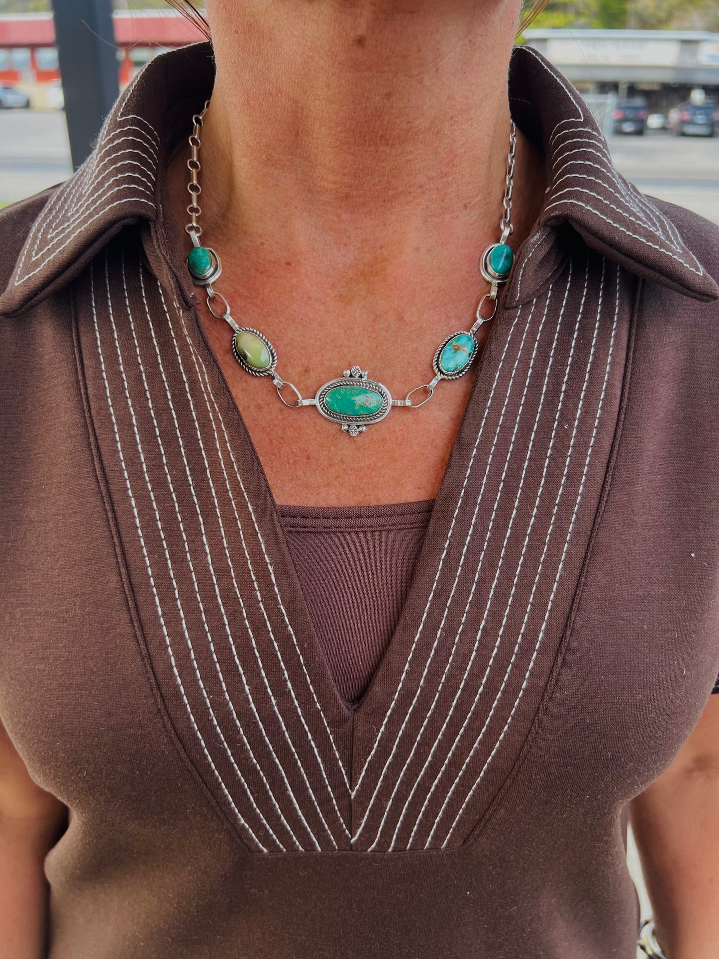 Genuine Turquoise 5 Stone Choker Necklace