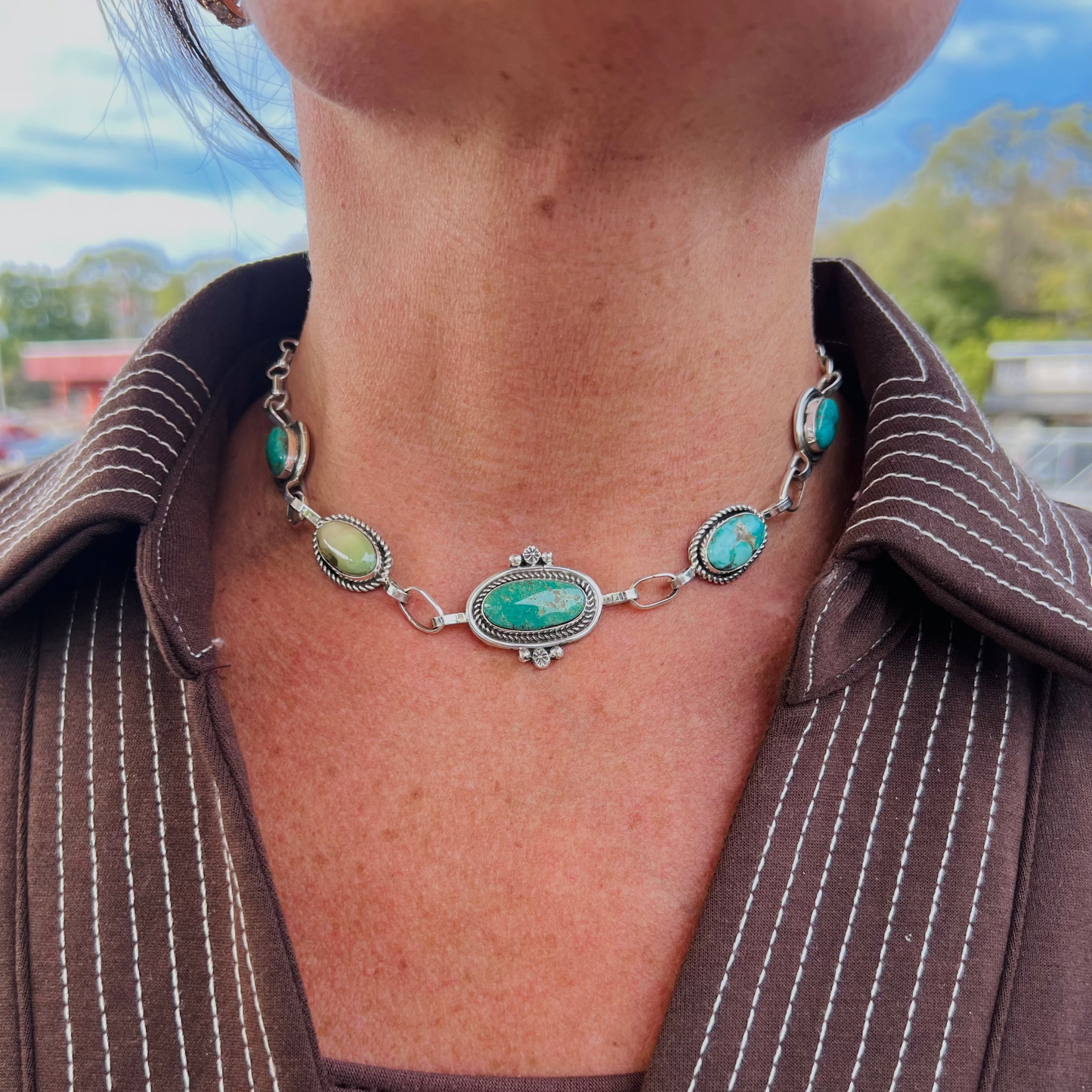 Genuine Turquoise 5 Stone Choker Necklace