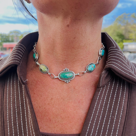 Genuine Turquoise 5 Stone Choker Necklace