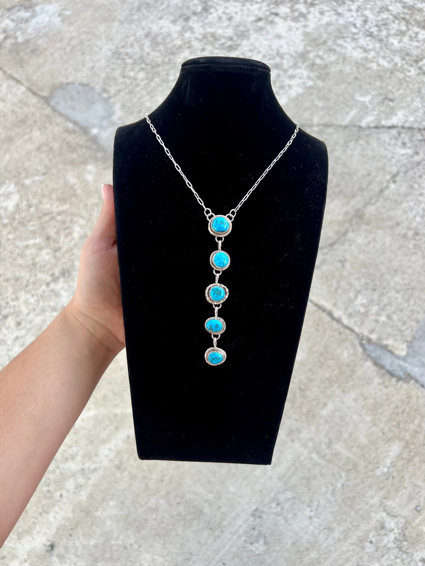 5 Stone Kingman Turquoise Sterling Silver Lariat Necklace