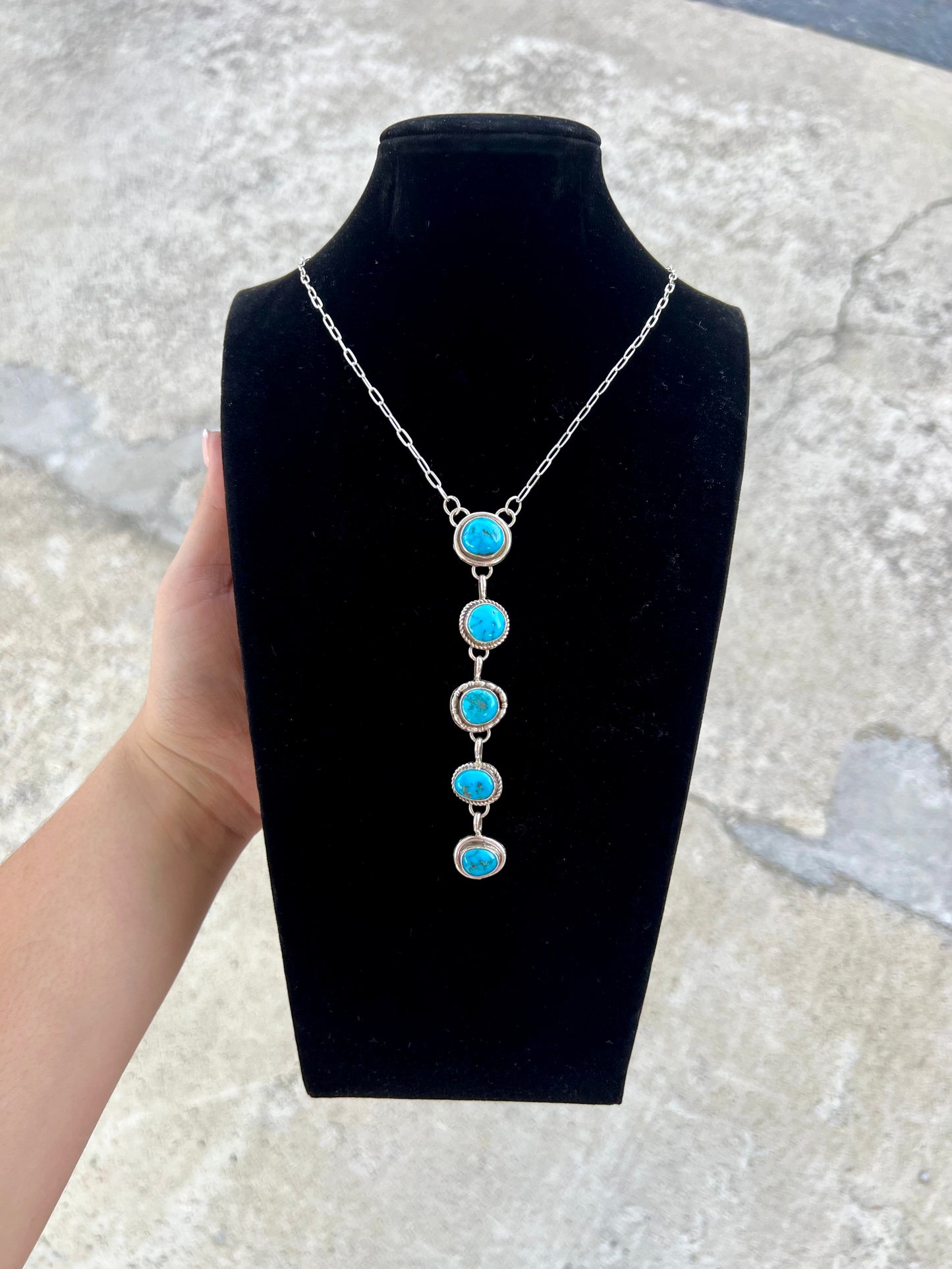 5 Stone Kingman Turquoise Sterling Silver Lariat Necklace