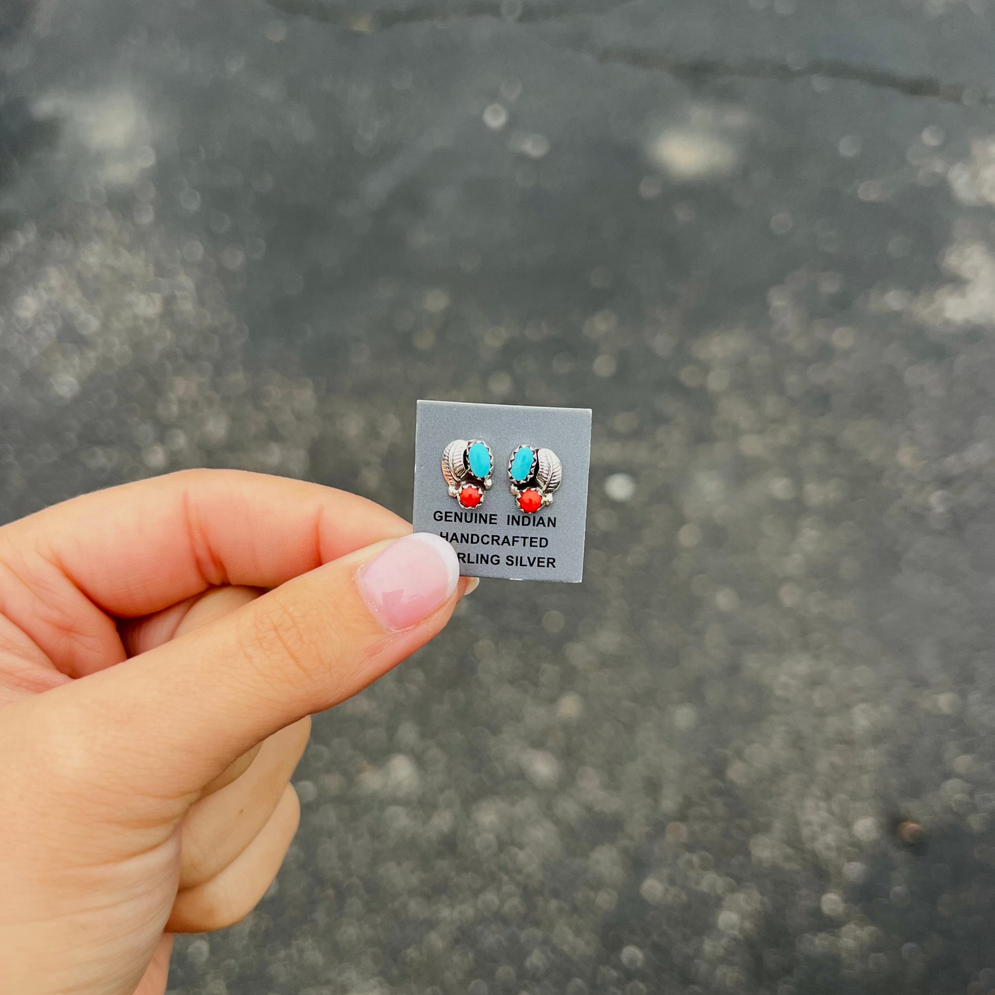 Genuine Turquoise, Coral, and Leaf Sterling Silver Studs