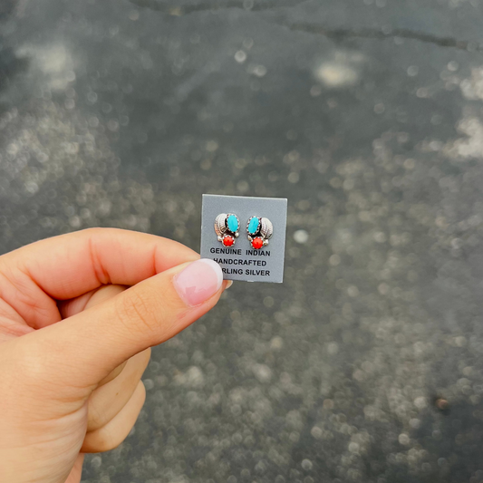 Genuine Turquoise, Coral, and Leaf Sterling Silver Studs