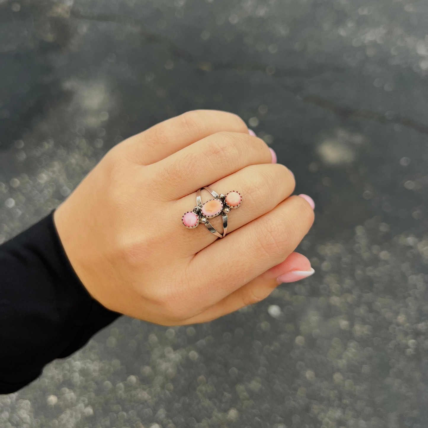 3 Stone Pink Conch Sterling Silver Ring