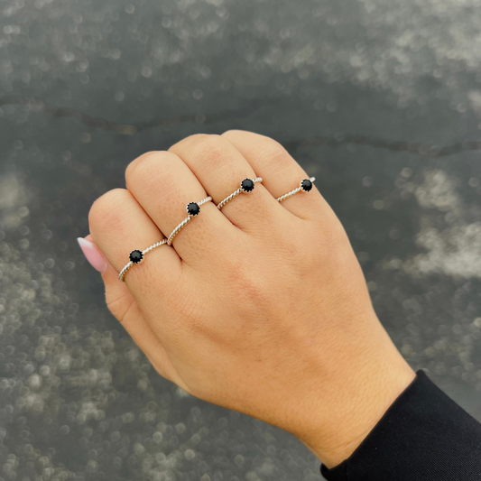 Genuine Black Onyx Mini Stud Twisted Sterling Silver Ring
