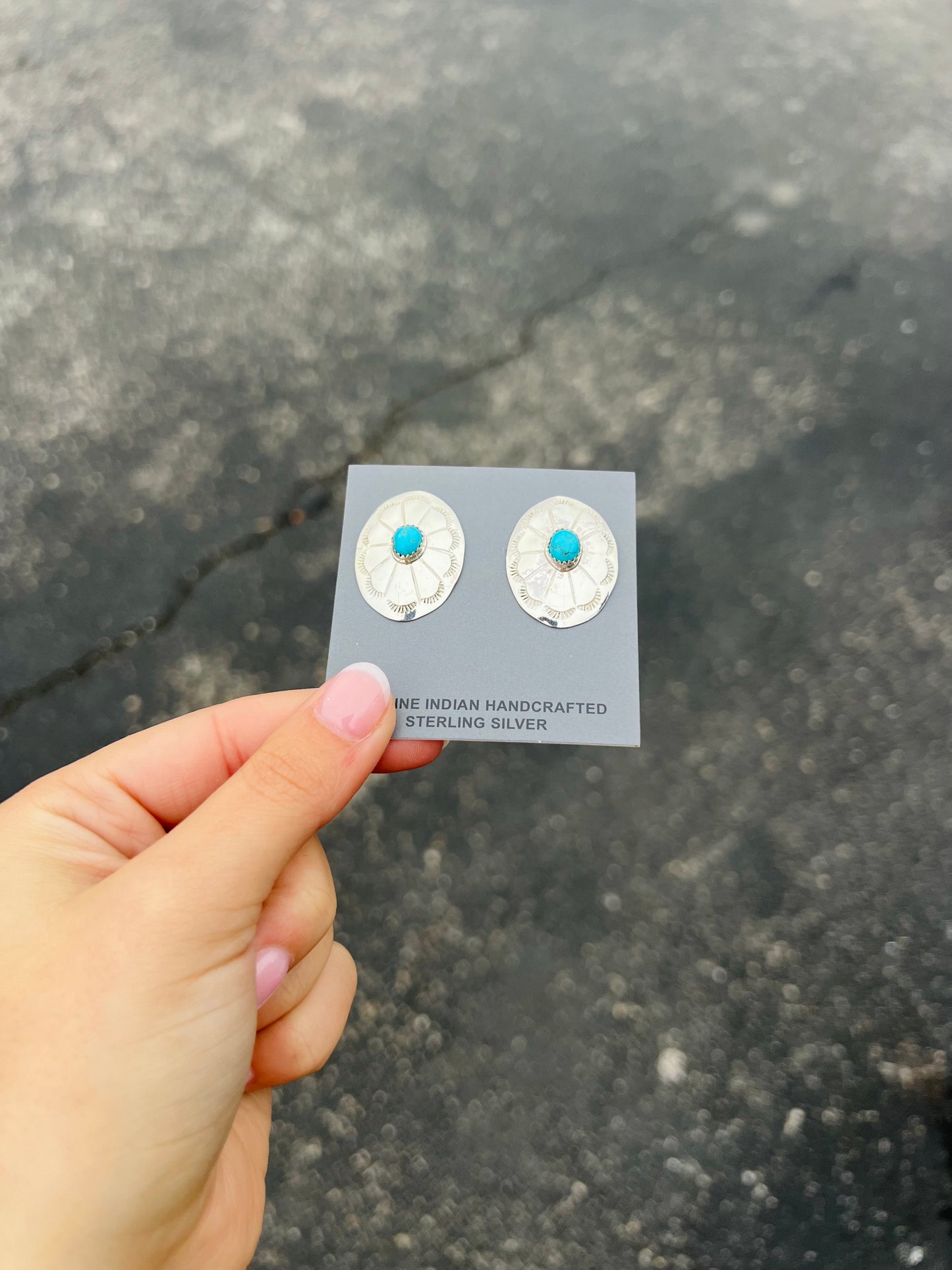 Genuine Turquoise Sterling Silver Oval Concho Earrings