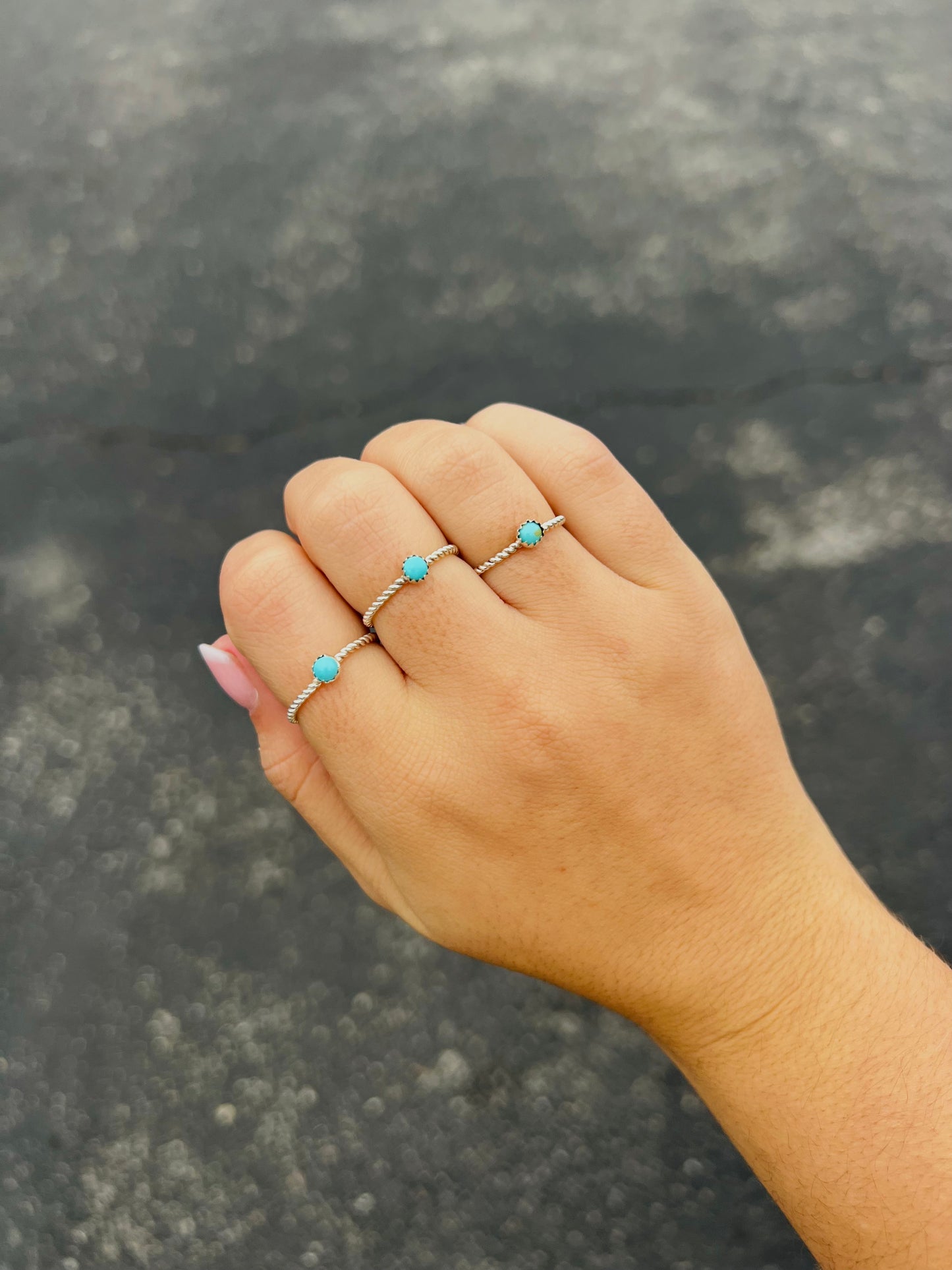 Genuine Turquoise Mini Stud Twisted Sterling Silver Ring
