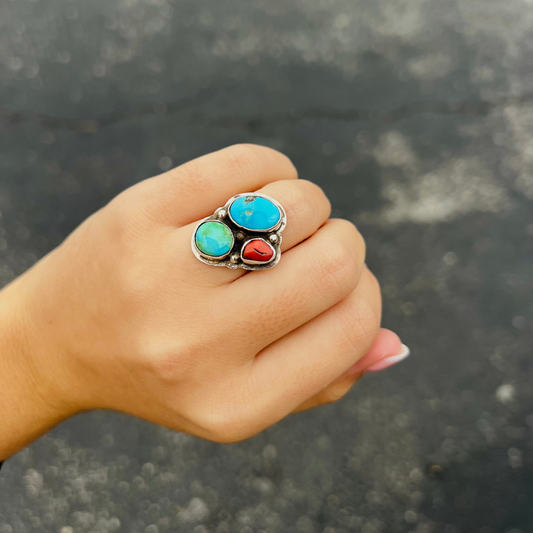 Turquoise and Coral 3 Stone Cluster Ring