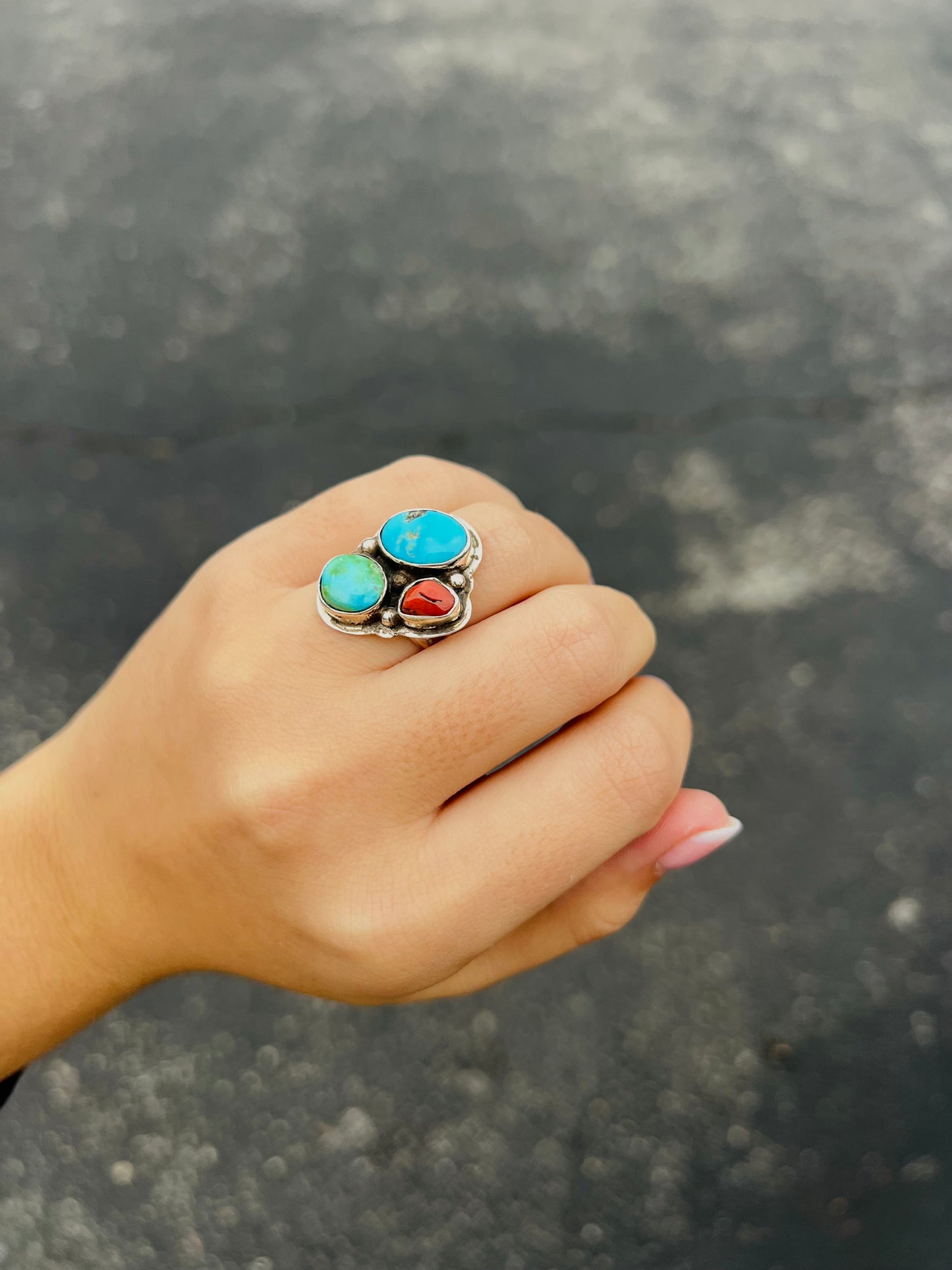 Turquoise and Coral 3 Stone Cluster Ring