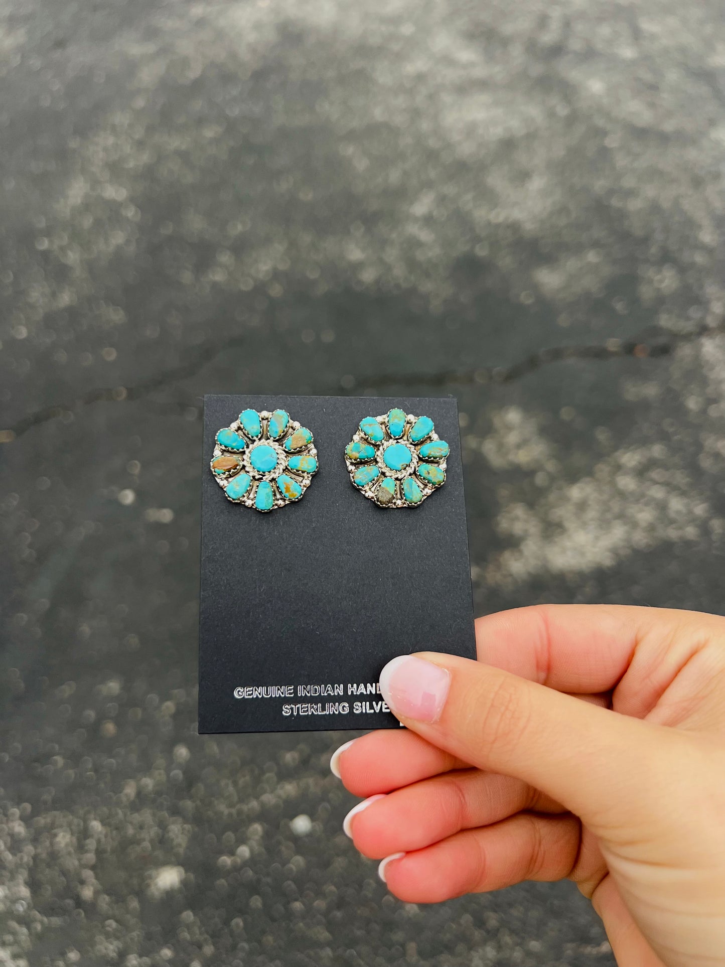 Genuine Green and Blue Kingman Turquoise 10 Stone Sterling Silver Cluster Earrings