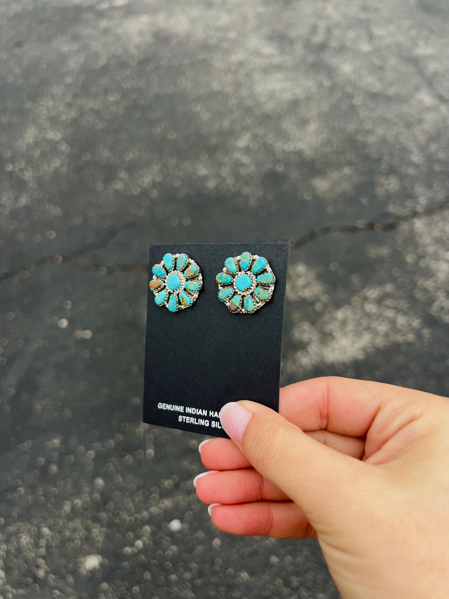 Genuine Green and Blue Kingman Turquoise 10 Stone Sterling Silver Cluster Earrings