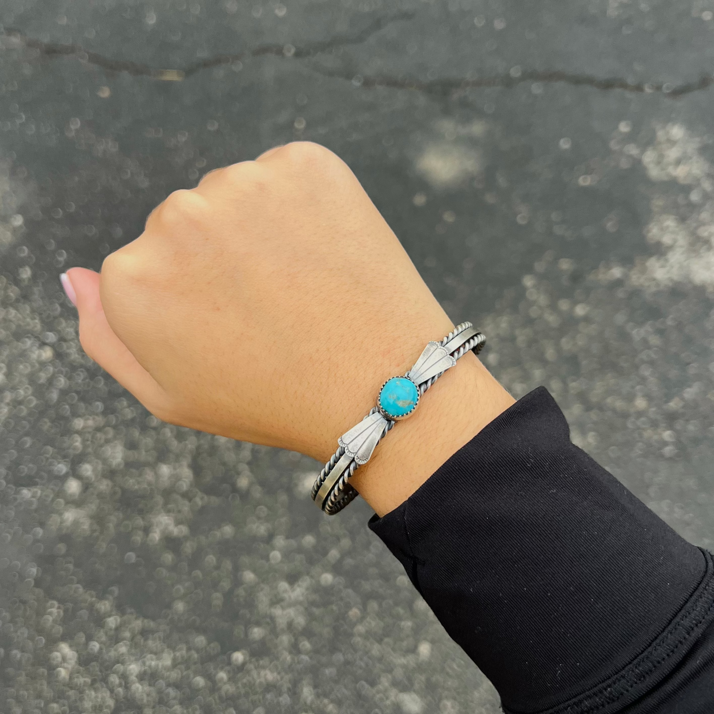 Kingman Turquoise Fan and Twist Wire Sterling Silver Cuff Bracelet