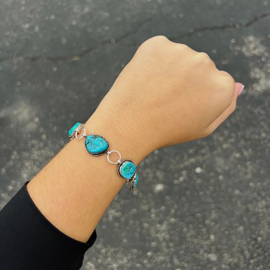 5 Stone Kingman Turquoise Sterling Silver Link Bracelet
