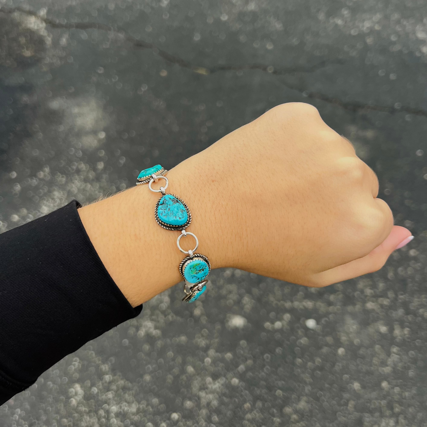 5 Stone Kingman Turquoise Sterling Silver Link Bracelet