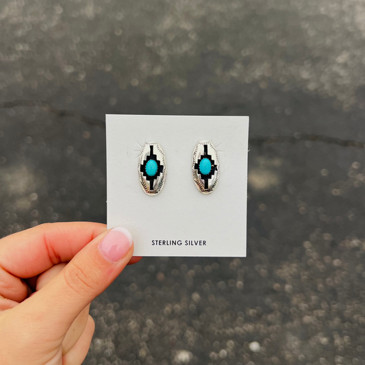 Genuine Kingman Turquoise Blessing Design Shadowbox Sterling Silver Earrings