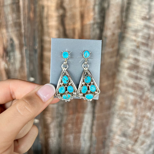 Kingman Turquoise Cluster Dangle Earrings - Native Made & Sterling Silver