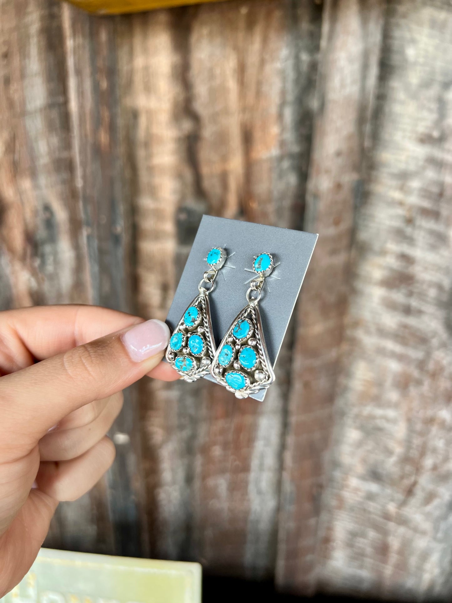 Kingman Turquoise Cluster Dangle Earrings - Native Made & Sterling Silver