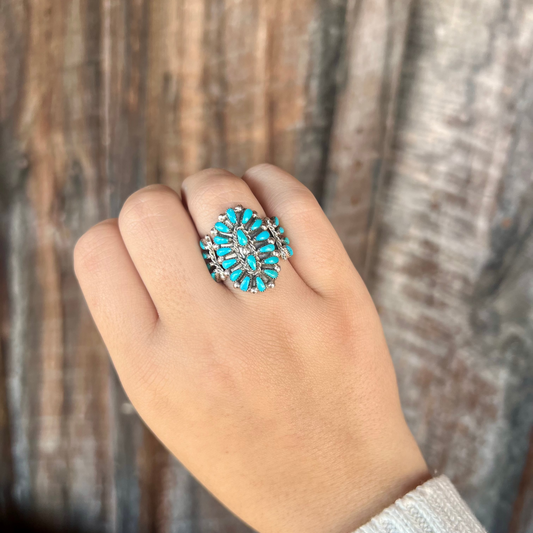 Genuine Turquoise Sterling Silver Zuni Handmade Petti Point Cluster Ring