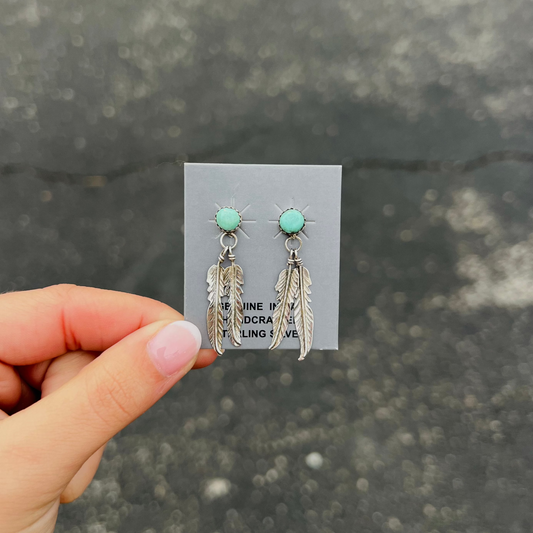 Light Green Kingman Turquoise Stud Feather Dangle Earrings