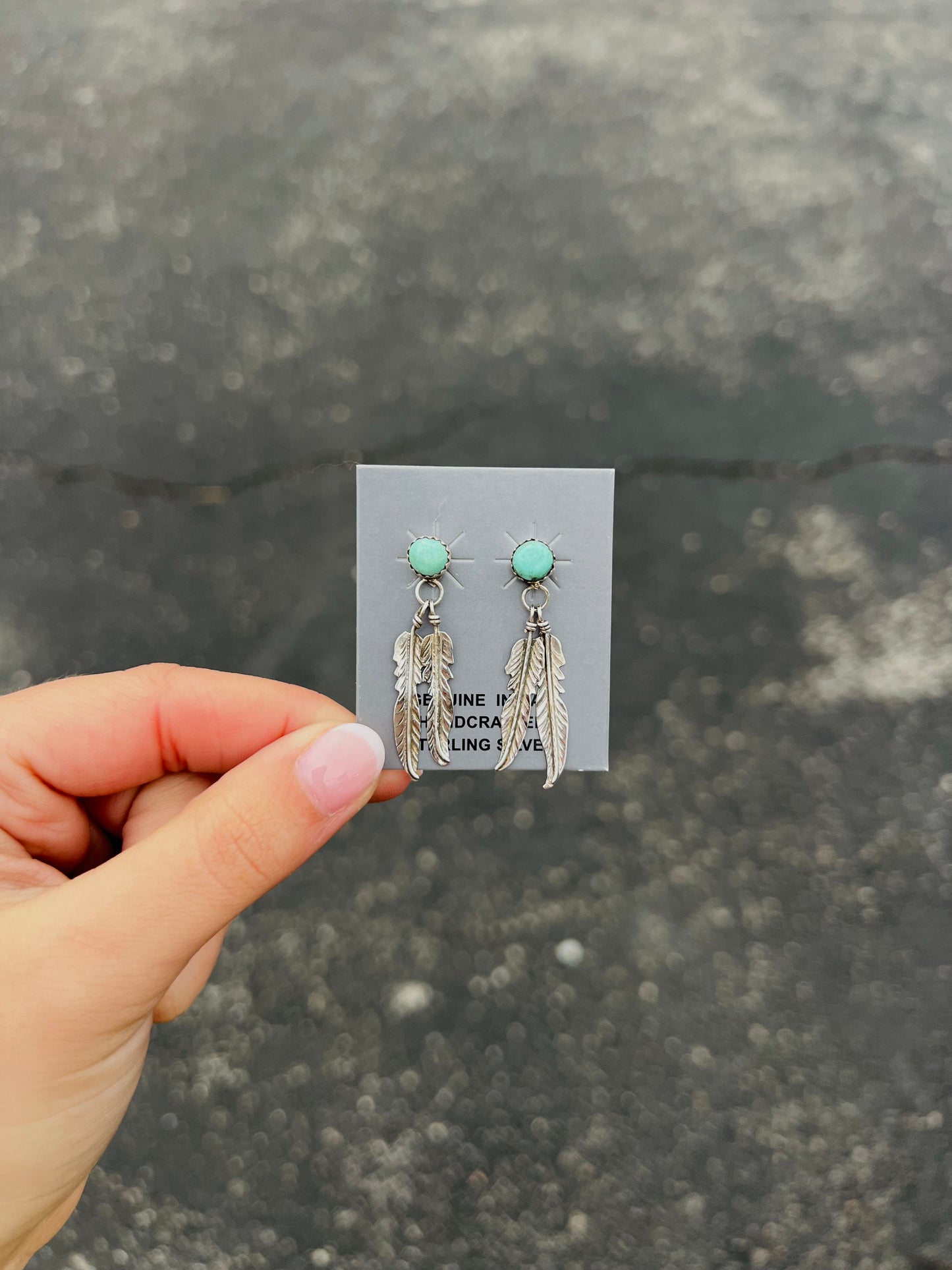 Light Green Kingman Turquoise Stud Feather Dangle Earrings