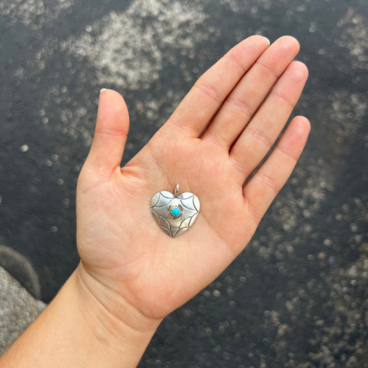 Sterling Silver Stamped Heart Genuine Turquoise Stone Pendant