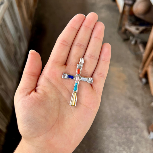 6 Multi Stone Sterling Silver Cross Pendant