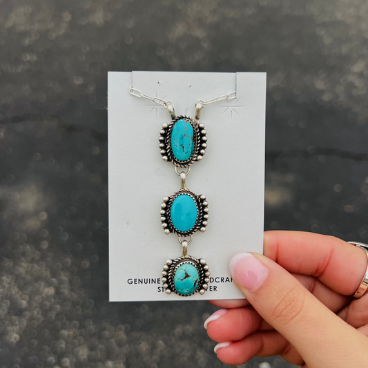 The Luci 3 Stone Oval Genuine Turquoise Sterling Silver Necklace