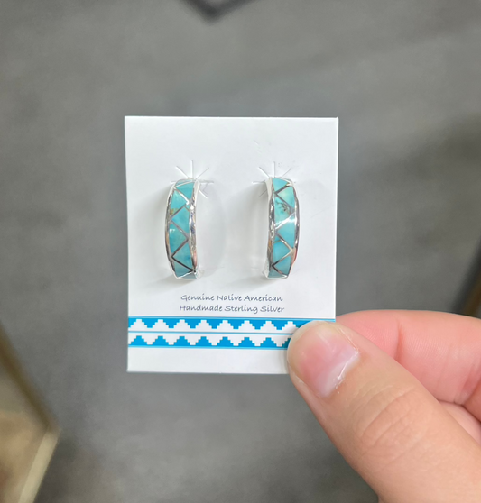 Authentic Turquoise and Sterling Silver Inlay Hoop Earrings