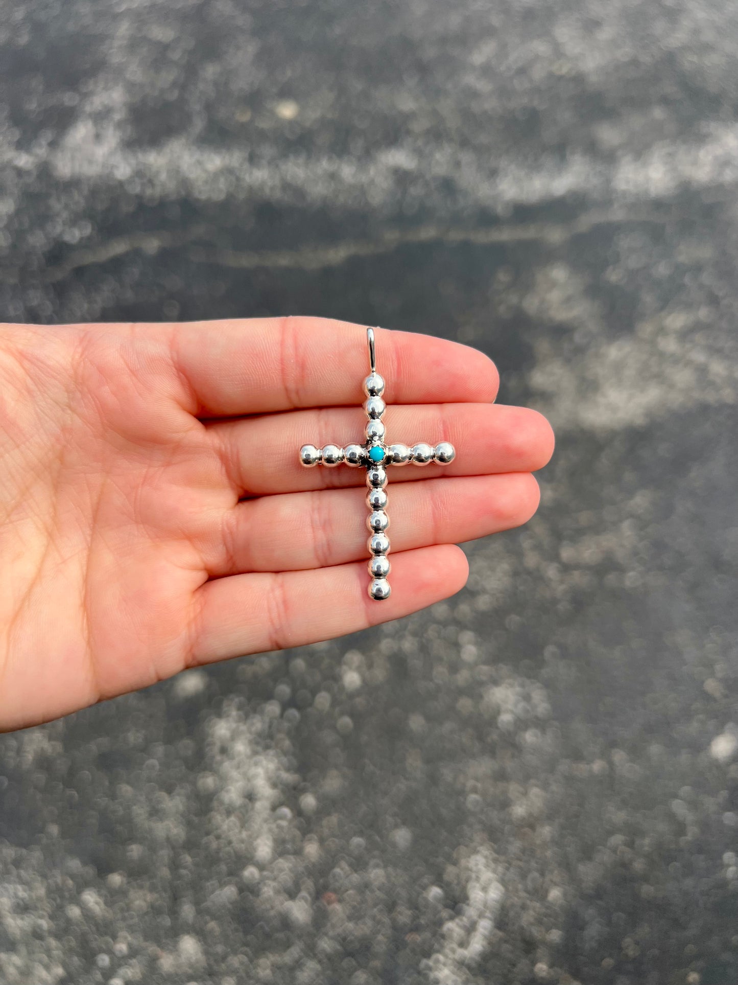 Navajo Pearls Sterling Silver Cross Pendant with Genuine Turquoise Stone
