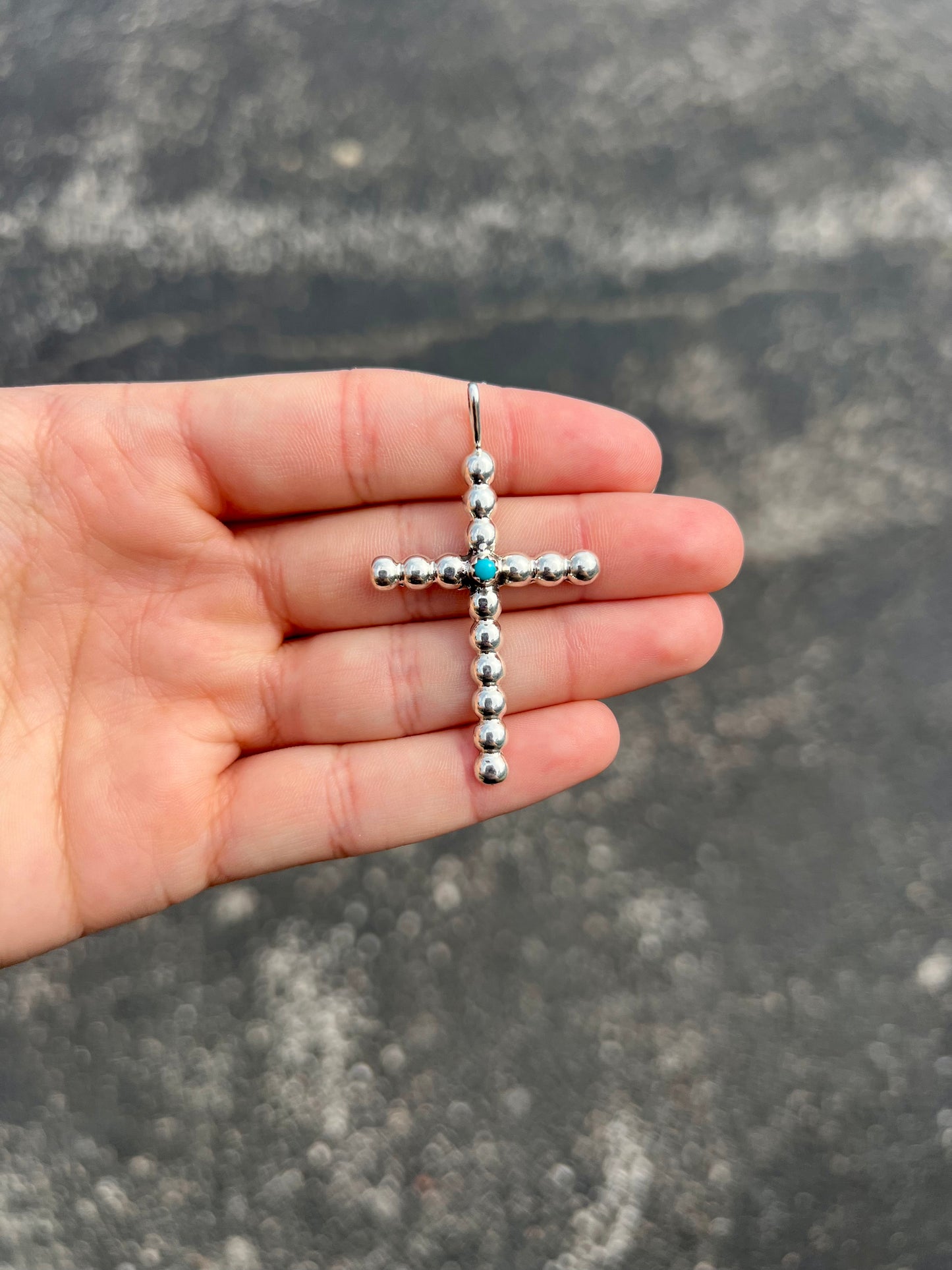 Navajo Pearls Sterling Silver Cross Pendant with Genuine Turquoise Stone