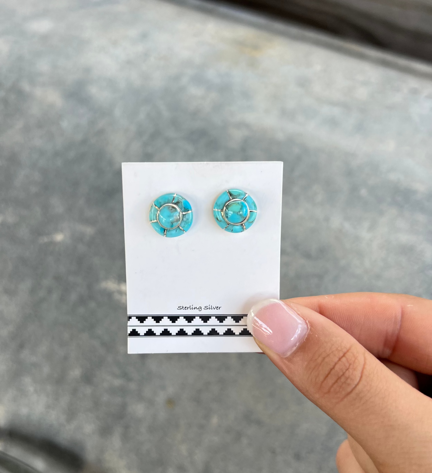 Genuine Sleeping Beauty Turquoise Inlay Sterling Silver Round Stud Earrings