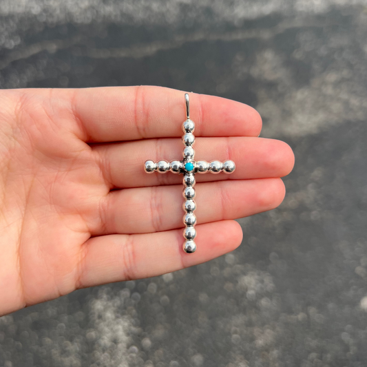 Navajo Pearls Sterling Silver Cross Pendant with Genuine Turquoise Stone
