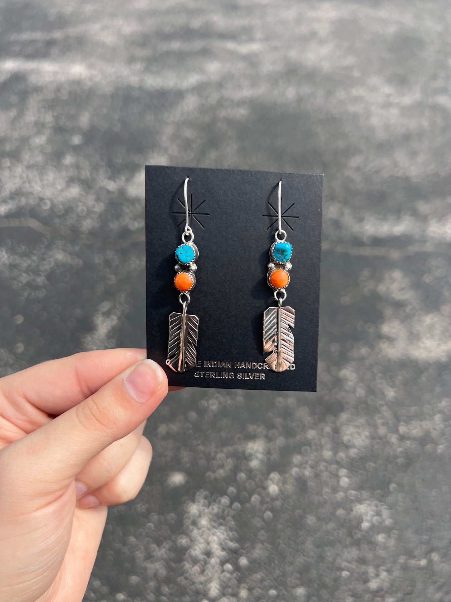 2 Stone Turquoise & Orange Spiny Oyster Feather Dangle Earrings