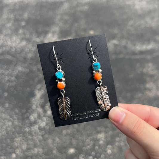 2 Stone Turquoise & Orange Spiny Oyster Feather Dangle Earrings
