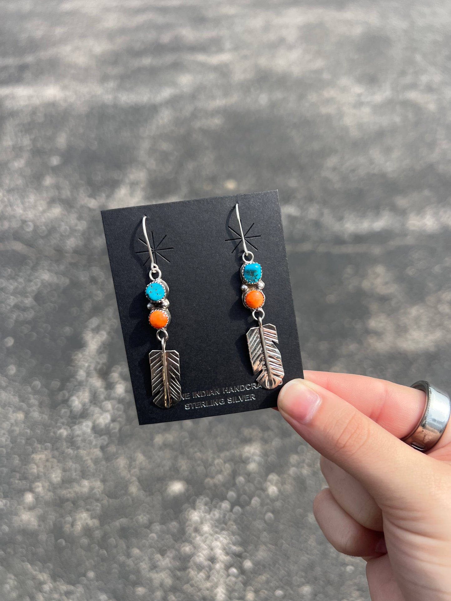 2 Stone Turquoise & Orange Spiny Oyster Feather Dangle Earrings