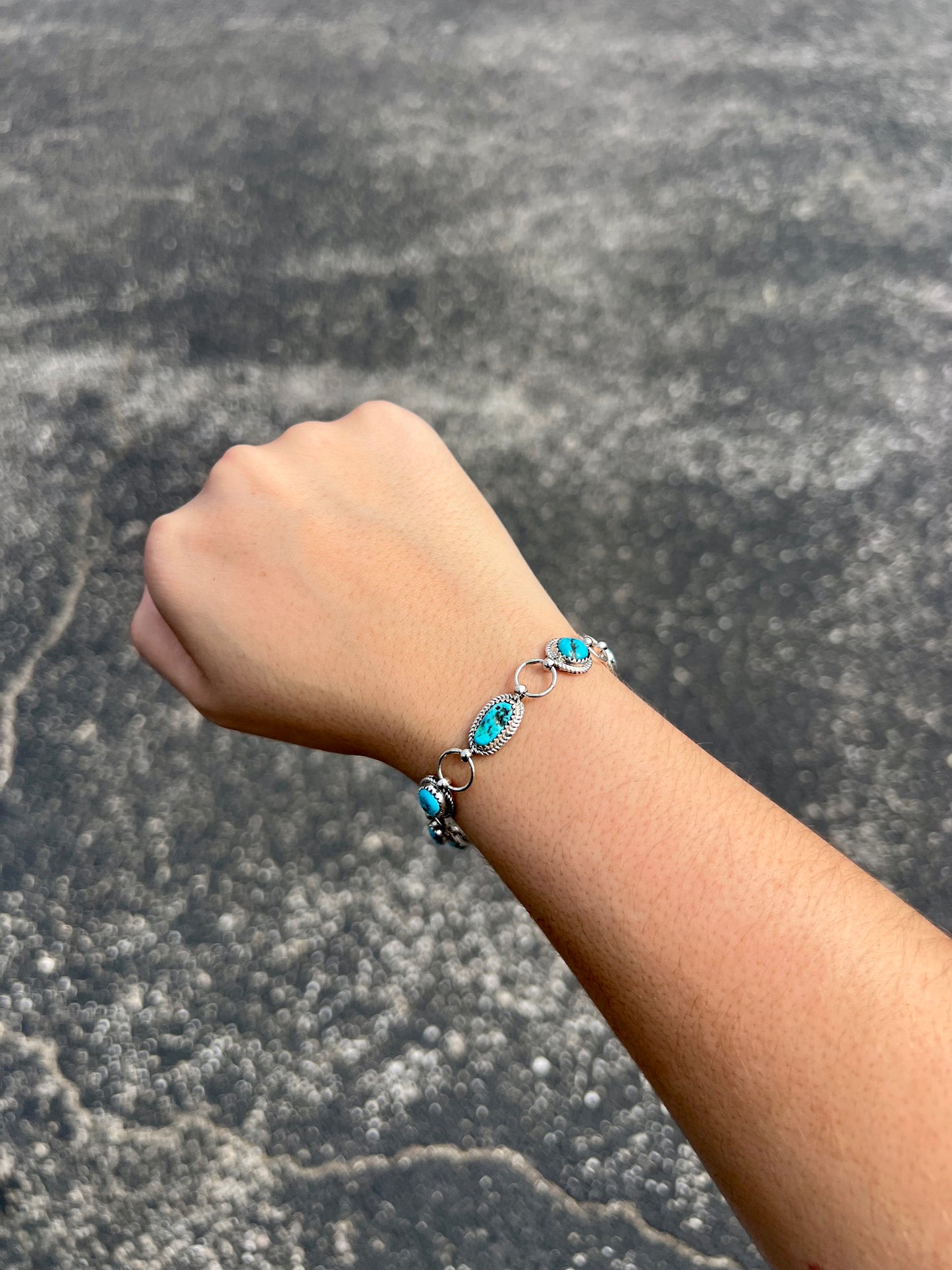 Authentic Kingman Turquoise 7 Stone Sterling Silver Link Bracelet