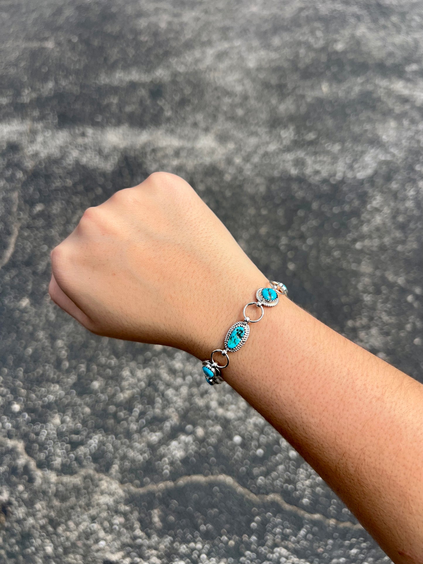 Authentic Kingman Turquoise 7 Stone Sterling Silver Link Bracelet